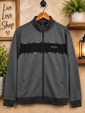 DKNY Men’s Large Gray Black Full Zip Track Jacket Mock Neck